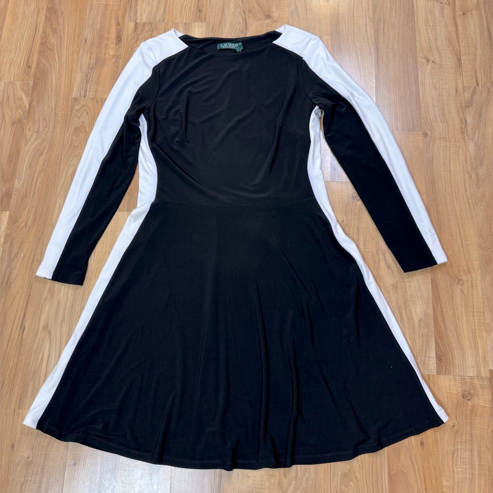 NWT Lauren Ralph Lauren Black and White  Block Dress Women’s 14 Long Sleeve Knee